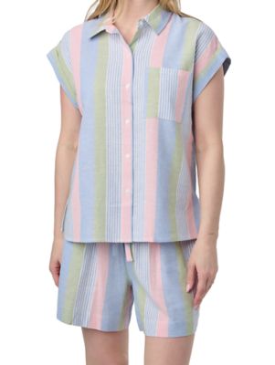 Image showing  Women's Hi-Vis Linen Blend Multi Stripe 1-Pocket Camp Short-Sleeve Button-Down Shirt