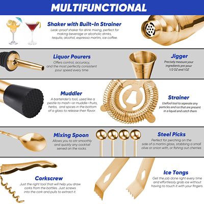 Image showing  14 pc. Golden Bartender Kit - Bar Tool Set Cocktail Shaker Set - Cocktail Kit Set