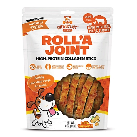 Chewer's Joy Roll'A Joint Beef/Chicken Flavor High-Protein Collagen Sticks Dog Treats with Turmeric, 4 oz.