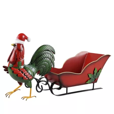 Red Shed 9.7" Metal Chicken and Santa Sleigh Christmas Statues