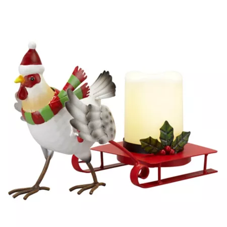 Red Shed 7.3" Metal Santa Chicken with LED Candle Christmas Statues