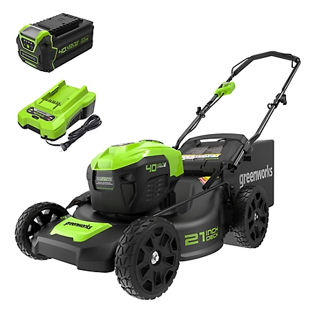 Greenworks 40V 21-in. Brushless Cordless Battery Walk-Behind Push Lawn Mower, 5.0 Ah USB Battery & Charger