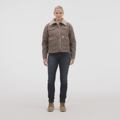 Image showing  Women's Rugged Flex Loose Fit Canvas Sherpa-Lined Jacket, 106463-BRN