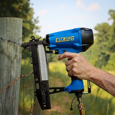 Image showing 8 th Estwing Pneumatic 10.5 ga. 1-9/16 in. Fencing Stapler with Metal Belt Hook, 1/4 in. NPT Industrial Swivel Fitting and Bag