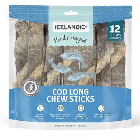 Icelandic Cod Skin+ Long Chew Sticks Dog Treats 10" Pack of 12 Dog Soft & Chewy Treats