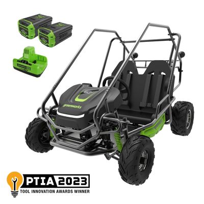 Greenworks 60V Stealth Battery-Powered Electric Youth 2-Seater Go-Kart, (2) 8.0 Ah Battery & Dual Port Charger They don't go small enough for kids , it's like they are designed for full grown adults but it's a preteen sized go kart