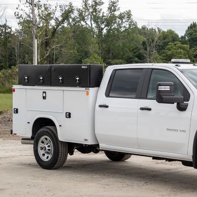 Image showing 8 th Buyers Products 16 x 13 x 72in. Gloss Black Diamond Tread Aluminum Topsider Truck Box with Flip-Up Doors