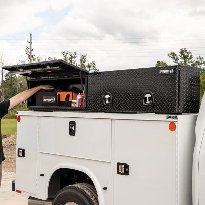 Image showing 8 th Buyers Products Gloss Black Diamond Tread Aluminum Topsider Truck Box with Flip-Up Doors, 18x16x88 in.
