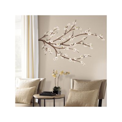 Image showing  Beige White Blossom Branch Giant Wall Decals with Flower Embellishments