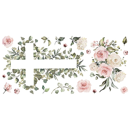 RoomMates Pink Watercolor Floral Cross Giant Peel & Stick Wall Decals