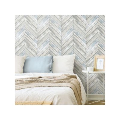 Image showing  Herringbone Wood Boards Peel & Stick Wallpaper, Blue and Tan