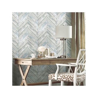 Image showing  Herringbone Wood Boards Peel & Stick Wallpaper, Blue and Tan