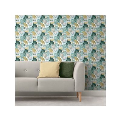 Image showing  Teal & Yellow Retro Tropical Leaves Peel & Stick Wallpaper