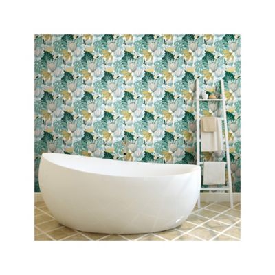 Image showing  Teal & Yellow Retro Tropical Leaves Peel & Stick Wallpaper