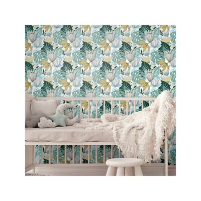 Image showing  Teal & Yellow Retro Tropical Leaves Peel & Stick Wallpaper
