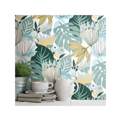Image showing  Teal & Yellow Retro Tropical Leaves Peel & Stick Wallpaper