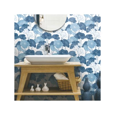 Image showing  Lily Pad Peel & Stick Wallpaper, Blue and White
