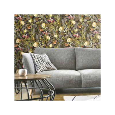 Image showing  Tropical Flowers Black and Green Peel and Stick Wallpaper