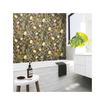 Image showing  Tropical Flowers Black and Green Peel and Stick Wallpaper