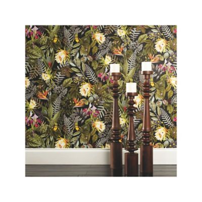 Image showing  Tropical Flowers Black and Green Peel and Stick Wallpaper