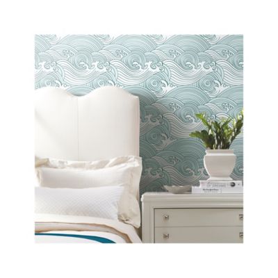 Image showing  Teal & White Asian Waves Peel & Stick Wallpaper