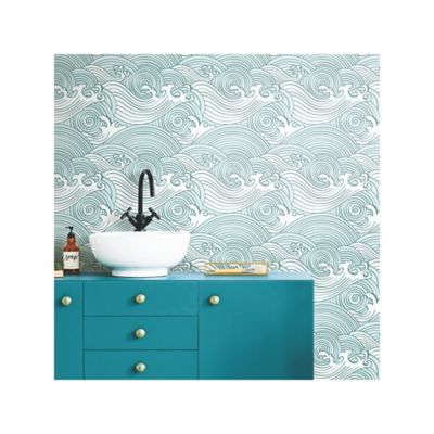 Image showing  Teal & White Asian Waves Peel & Stick Wallpaper