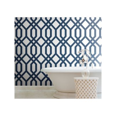 Image showing  Gazebo Lattice Peel & Stick Wallpaper, Navy and White