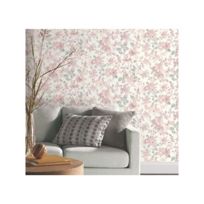 Image showing  Watercolor Floral Peel & Stick Wallpaper, Pink and Green