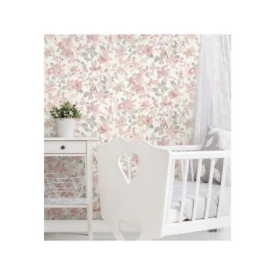 Image showing  Watercolor Floral Peel & Stick Wallpaper, Pink and Green