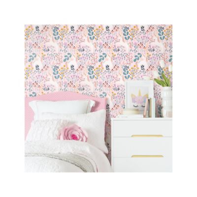 Image showing  Unicorn Paradise Peel & Stick Wallpaper, Pink and Green