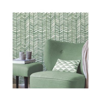 Image showing  Cat Coquillette Herringbone Peel & Stick Wallpaper, Green and White