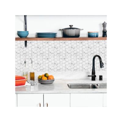 Image showing  White & Black Carrara Marble Hexagon Peel & Stick Backsplash