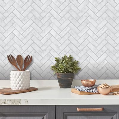Image showing  White & Grey Marble Herringbone Peel & Stick Tiles
