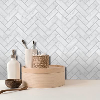 Image showing  White & Grey Marble Herringbone Peel & Stick Tiles