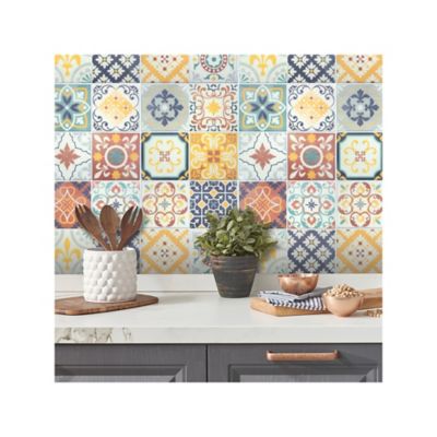 Image showing  Orange/Blue/Yellow Spanish Terracotta Tile Peel and Stick Backsplash