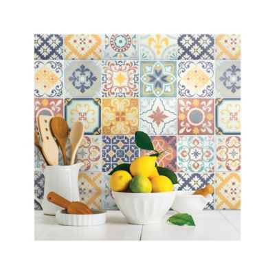 Image showing  Orange/Blue/Yellow Spanish Terracotta Tile Peel and Stick Backsplash
