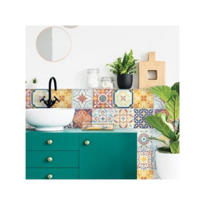 Image showing  Orange/Blue/Yellow Spanish Terracotta Tile Peel and Stick Backsplash