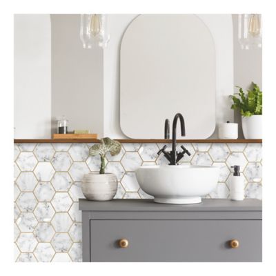 Image showing  White & Gold Cararra Marble And Gold Large Hexagon Sticktile