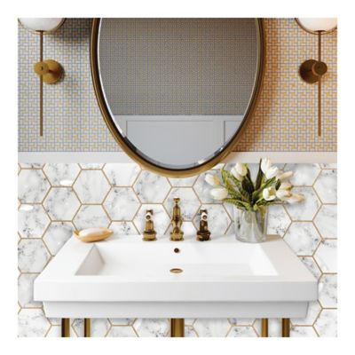 Image showing  White & Gold Cararra Marble And Gold Large Hexagon Sticktile
