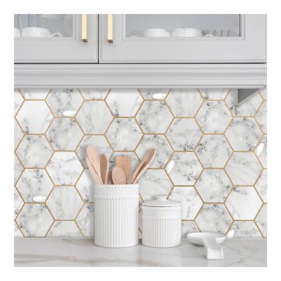 Image showing  White & Gold Cararra Marble And Gold Large Hexagon Sticktile