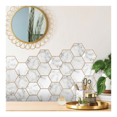 Image showing  White & Gold Cararra Marble And Gold Large Hexagon Sticktile