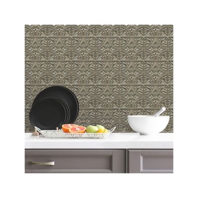 Image showing  Tin Peel & Stick Tile Backsplash, Gold