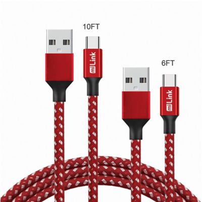 miLink 2-Pack (6 ft. + 10 ft.) Type-C to USB-A Charging and Syncing Cable (red-white)