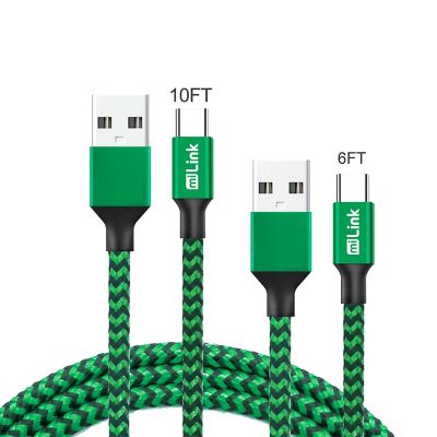 miLink 2-Pack (6 ft. + 10 ft.) Type-C to USB-A Charging and Syncing Cable (Green-Black)