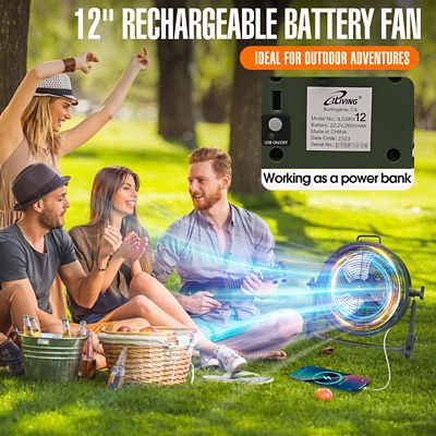 Image showing  12 in. Indoor/Outdoor Rechargeable Battery Operated Camping Floor Fan, High Velocity with Metal Blade