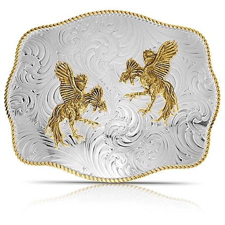 Montana Silversmiths Extra Large Engraved Scalloped Buckle With Fighting Roosters, 1707
