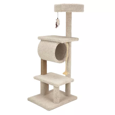 Kitty-Quick Wooden Cat Tree with Hanging Real Carpet Hideout 58" Gray Cat Trees & Condos