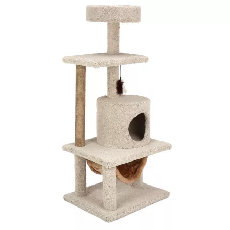 Kitty-Quick Real Carpet Next Level Relaxation Wooden Cat Tree 55-inch Beige Cat Trees & Condos