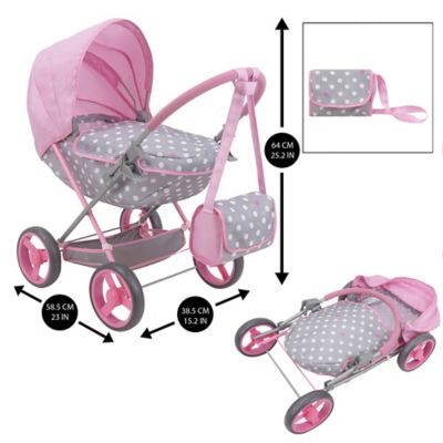 Image showing 1 th 509 Crew Cotton Candy Pink: Doll Deluxe Pram - Pink, Grey, Polka Dot