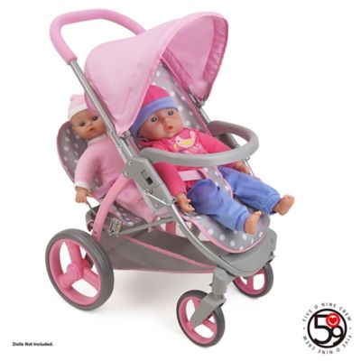 Image showing  Cotton Candy Pink: Twin Tandem Doll Stroller - Pink, Grey, Polka Dot